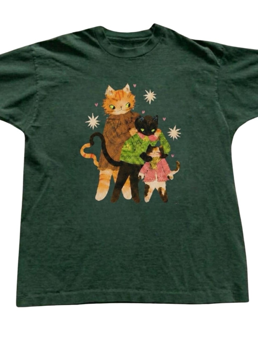 Forest Green Tee with Vintage Cat Family Illustration